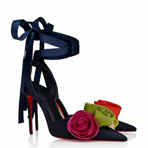 รองเท้าส้นสูงแบบผูกเชือกประดับดอกไม้หลากสีสัน ดีไซน์ใหม่สำหรับผู้หญิง ทำจากผ้าไหม ส้นเข็ม สายรัดข้อเท้า - Product Image 5