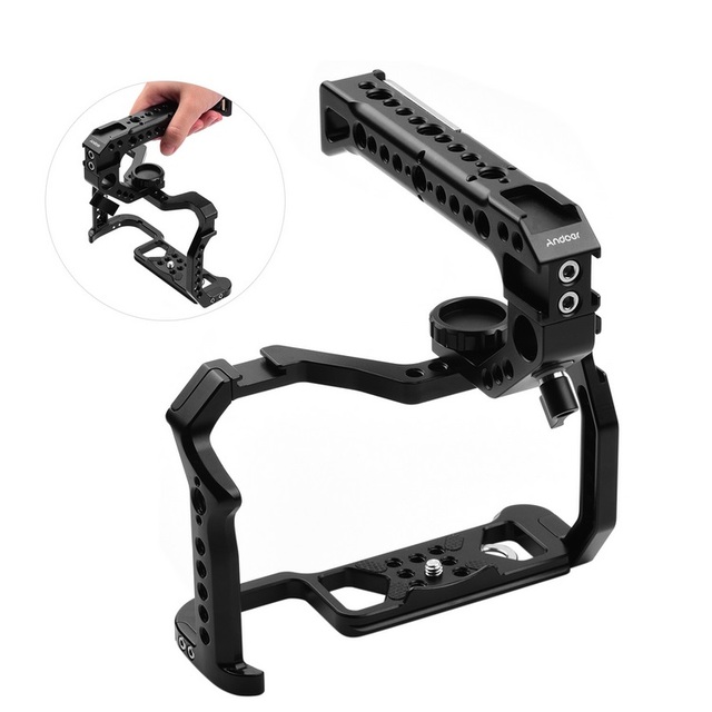 Andoer Aluminum Alloy Camera Cage Top Handle Kit Camera Cage for EOS R5 R6 DSLR Camera  with 1/4 Inch Screw Holes Dual Cold Shoe
