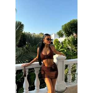 Ensemble jupe en spandex marron avec détail rose, taille empire, motif uni, robe longue débardeur streetwear pour l'été en tissu tricoté - Product Image 3