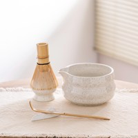 Ensemble de bols Matcha-Céramique blanc cassé mouchetée avec design arrondi texturé, kit complet pour thé Matcha lisse