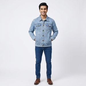 2026 Top High Quality Men's Vintage <b>Denim</b> <b>Jacket</b> with Stand Collar Front Logo Hooded Windproof 100% Cotton <b>Custom</b> Fit - Product Image 1