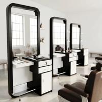 Ensemble de mobilier de salon de luxe : Poste de coiffure avec miroir LED et tiroirs, unité de coiffage spéciale pour salon de barbier