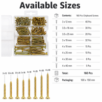 Assortiment de 160 vis à bois en acier au carbone plaqué zinc jaune, vis à bois de tailles variées pour meubles, OEM & ODM