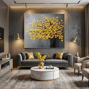 Peinture à l'huile texturée faite à la main, style nature morte, motif arbre doré minimaliste, arts décoratifs pour la décoration intérieure et l'art mural des hôtels - Product Image 1
