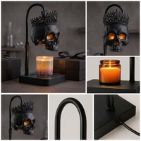 LANJO Chauffe-bougie Crâne en Bois Massif Réglable en Hauteur, Base de Lampe Décorative en Forme de Crâne, Lampe de Table Chauffe-bougie