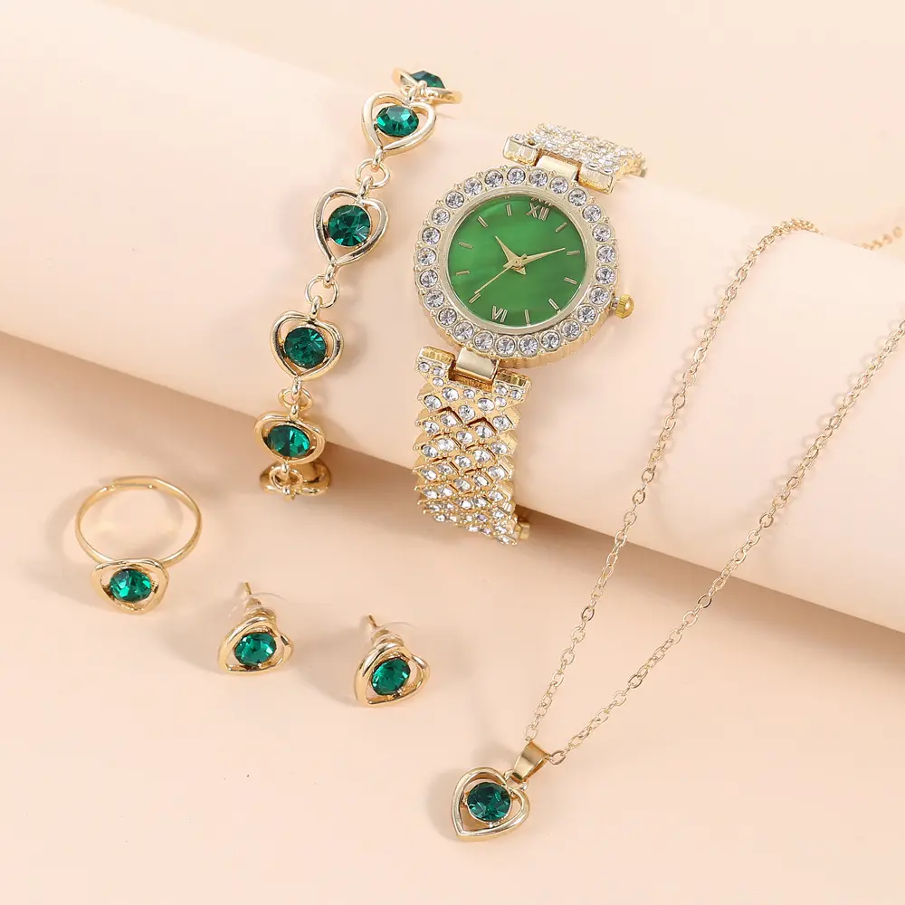 5Pcs Set Mode Temperament Luxe Boutique Set Geschenkdoos Vol Diamanten Horloge + Armband + Ring + Oorbellen Ketting gift Set
