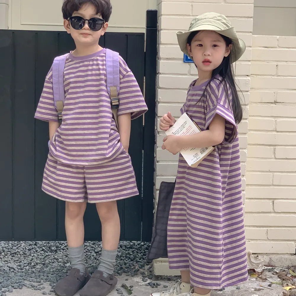 2023 여름 유아 소년 보라색 줄무늬 짧은 세트 소녀 캐주얼 스트라이프 드레스 형제 자매 옷 2-8 세