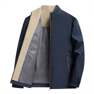 <b>Men's</b> <b>Navy</b> Blue Stand Collar <b>Quilted</b> <b>Jacket</b> Windproof Zipper Solid Color Smart Casual Autumn Wear Eco-Friendly Front Polyester - Product Image 1