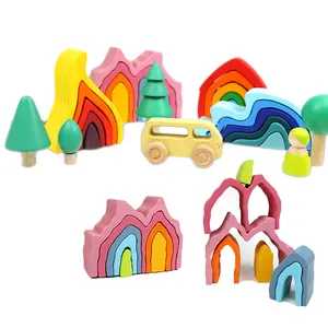 DIY assembled building blocks Montessori wooden rainbow blocks toy wood stacked balance game children's educational toys gifts