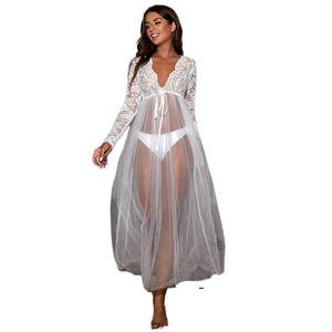 Bodysuit Wanita Berbahan Jaring Renda Jubah Panjang Transparan Gaun Malam Mewah Seksi Poliester - Product Image 1