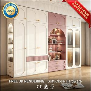 Armoire de chambre d'enfant rose pastel moderne, avec vitrine en verre côtelé, système de dressing encastré de luxe sur mesure - Product Image 1