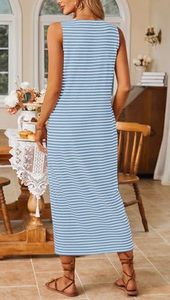 Vestido Largo Elegante de Verano con Cuello en U y Diseño de Botones a Rayas, Vestidos Ajustados de Punto Cómodos y Suaves sin Mangas para Mujer - Product Image 6