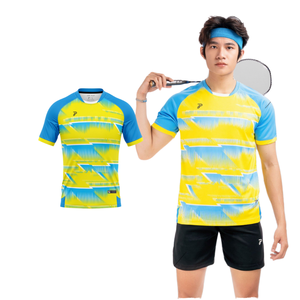 Camiseta de Bádminton Ligera y Transpirable para Hombre, Amarillo y Azul, Manga Corta, Cuello Redondo, Logotipo Frontal, Top Deportivo de Verano - Product Image 1
