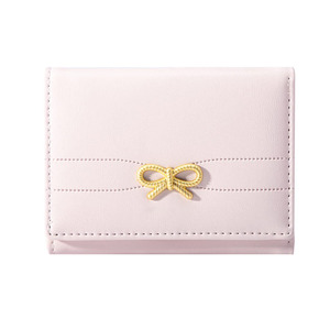Coquette - Style Mini <b>Wallet</b> with Golden <b>Metal</b> Bow, Soft PU Leather Material for Daily Cash, Card, and Photo Storage - Product Image 1