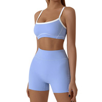 Conjunto Deportivo de 2 Piezas para Mujer: Sujetador Deportivo con Tirantes Finos y Bloques de Color, y Shorts de Ciclismo de Cintura Alta con Efecto Levanta Glúteos, Elástico y Sin Costuras