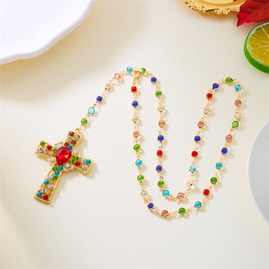 Kalung Liontin Salib Berhiaskan Zirkon Warna-warni Berlapis Emas Panjang Mewah Ringan Modis untuk Wanita, Hadiah Ulang Tahun - Product Image 5