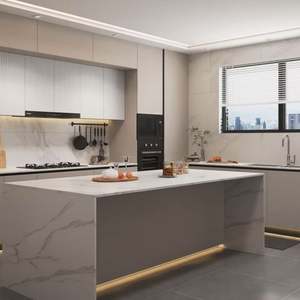 Ensemble de cuisine moderne SANTOPOVA gris sans poignées avec îlot en marbre blanc et appareils encastrés - Product Image 1