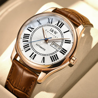 Montre automatique pour homme Top I&W, cadran blanc, chiffres romains, boîtier en or rose, affichage du jour et de la date, montre mécanique de style business