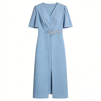 Robe d'été vintage élégante à col en V, cintrée à la taille, fendue, pour femme, avec rivets floraux, mi-longue, amincissante, style décontracté et mature