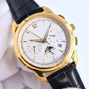 High-end Luxury Pulsometer Chronograph Moon Phase Sapphire Crystal Golden Case White Dial Black Leather Strap Men Luxury Watch - Product Image 3