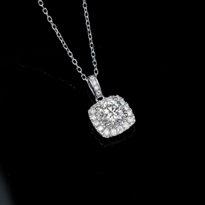 Classic Cushion Halo Lab Created Diamond Necklace, Round Cut Solitaire with <b>Square</b> Frame Pave Halo Pendant in 925 Silver - Product Image 3