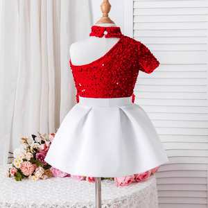 Nouvelle mode Ensemble fille été Rouge Top à épaules dénudées à paillettes Jupe bouffante Poudre <span class=keywords><strong>de</strong></span> fard à joues Vêtements pour enfants <span class=keywords><strong>de</strong></span> Noël - Product Image 3