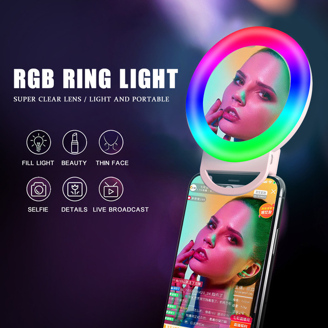 LED RGB Clip on Selfie Cosmetic Makeup Ringlight Rechargeable Battery Ring Light for Phone With Mirror