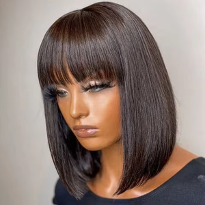 Wig Bob Pendek Lurus Dengan Poni, Rambut Asli Vietnam Double Drawn, Wig Bob Tanpa Lem, Wig Lurus Diskon, Obral 180% - Product Image 3