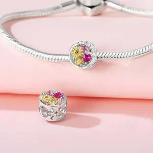 Exquisito y Encantador Colgante Infantil Romántico con Diseño Floral de Rosa, Flor de Cerezo, Cactus, Zirconia, Plateado en Plata y Oro Rosa, para DIY - Product Image 2