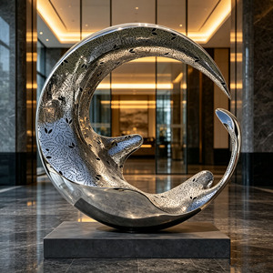 Sculptures en acier inoxydable poli, style abstrait moderne, sur mesure, pour hall d'hôtel, en forme de croissant creux - Product Image 1