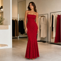 Robe sirène longue en dentelle rouge unie, taille naturelle, dos nu, bretelles spaghetti, pour soirée, vente en gros, personnalisable OEM