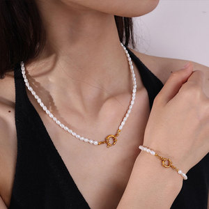 Waterproof Fine Luxury Non Tarnished 14K 18K Pvd Gold Plated Necklace <b>Bracelet</b> Pearl 316L Stainless Steel Jewelry <b>Sets</b> For Women - Product Image 4