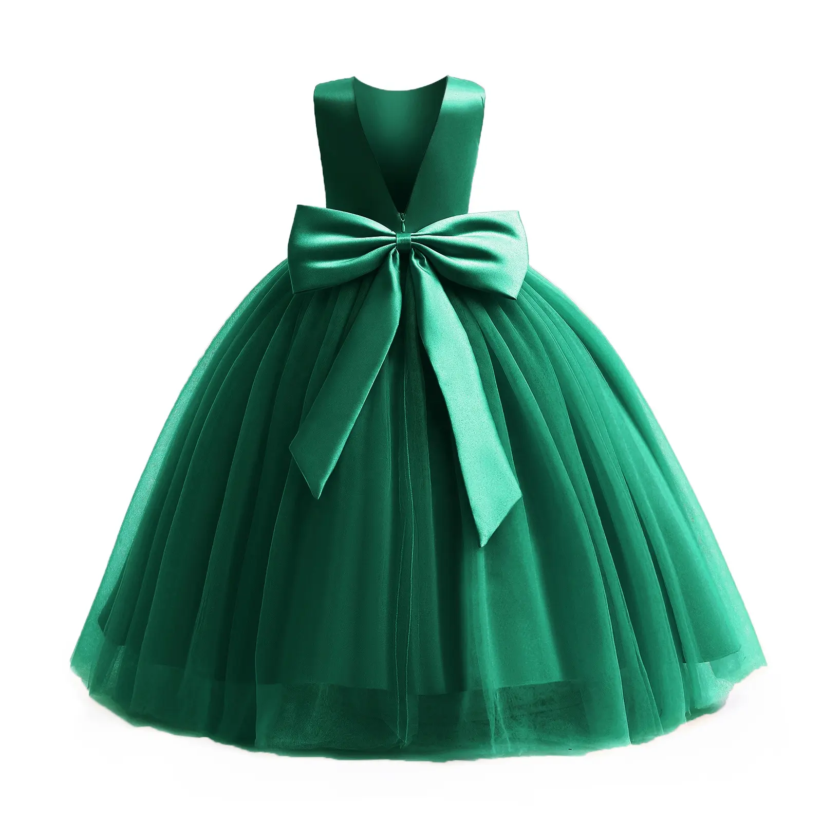 Luxury Satin Flower Girl Dress with Big Bow Sleeveless Fancy Formal Birthday Tulle Party Fashion Long Dresses for Teen Girls