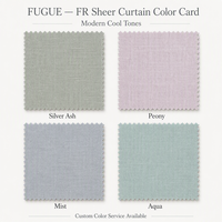 Voilage Premium FR en polyester 100% ignifuge, tissage fin et dense effet lin, doux et filtrant la lumière, conforme NFPA 701