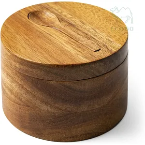 磁気スイベルで分割されたキッチンアカシアソルトボックス2コンパートメント木製スパイスボックス木製調味料ボックス蓋に取り付けられたスプーン
