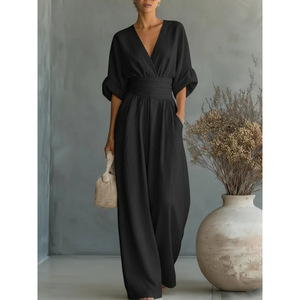 En stock – Nouvelle collection Printemps-Été 2026 – Combinaison élégante à col en V et ceinture à nouer pour femme – Tenue une pièce stylée de style européen et américain - Product Image 4