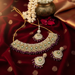 High Quality Ethnic Kundan Gold-Plated Pearl Bridal Choker Necklace Earring <b>Set</b> Zircon <b>Beads</b> Alloy Green Enamel Trendy Jewelry - Product Image 3