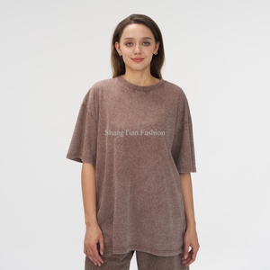 2025 Oversized T-Shirt Drop Shoulder Distressed Washed <b>Rhinestone</b> T-Shirt Vintage Solid Color Streetwear T-Shirt - Product Image 1