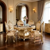 Ensemble de table à manger antique européenne avec plateau tournant, cadre en bois massif sculpté doré, chaises en cuir, mobilier de salle à manger, vente en gros