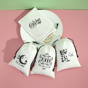 <b>White</b> Printed Cotton Linen Drawstring Pouch for Moslem Jewellery Essential Oils Candles Packaging for Eid Al-Fitr Gift Dust <b>Bags</b> - Product Image 4