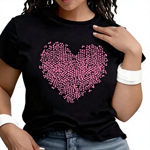 T-Shirt Casual da Donna a Maniche Corte in Jersey Lavorato a Maglia con Motivo a Cuori e Pois, Collo Tondo, Leggera, 100% Cotone, Primavera Estate - Product Image 1