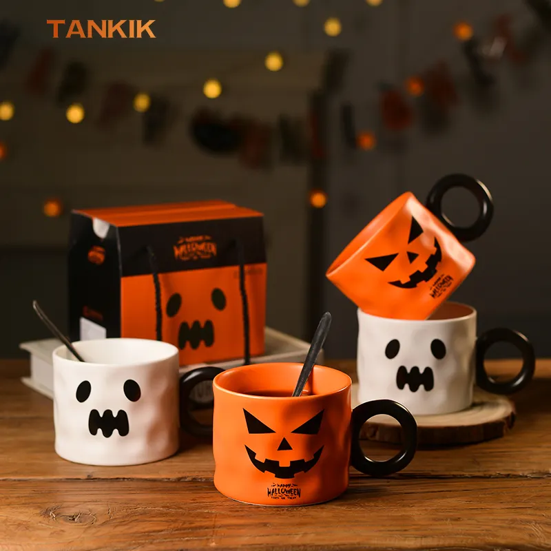 Mug hantu jahat lucu 450ML, Festival Halloween hadiah liburan lucu hadiah Mug keramik kustom