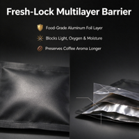 Sachet d'emballage pour café moulu, imprimé en gravure, en aluminium noir mat, résistant à l'humidité, à trois soudures latérales, personnalisable