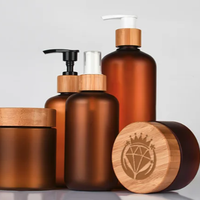 Set Kemasan Kosmetik Bambu 250ml 500ml Botol Plastik PET Amber Frosted untuk Lulur Tubuh dan Sampo dengan Tutup Bambu
