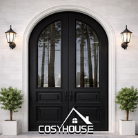 Porte d'entrée double moderne en aluminium noir avec panneaux d'accentuation en grain de bois, porte extérieure minimaliste de luxe