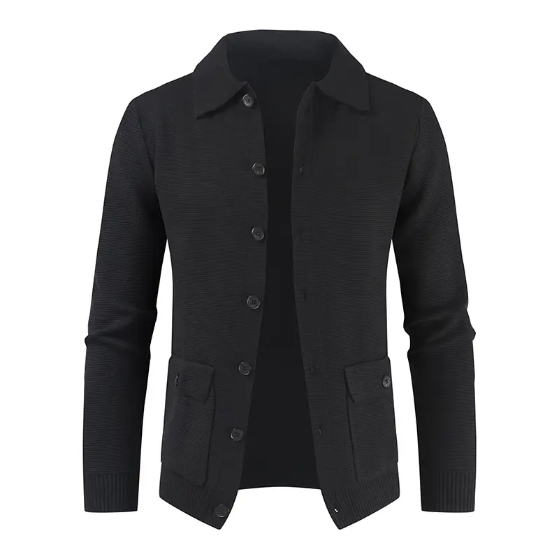 Winter Men'S Lapel Casual Jacket Arrival Turn Down Collar Coat Black Single-breasted Knitted Cardigan