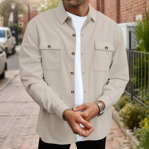 Herren Waffelhemd mit Knöpfen für Arbeit und Freizeit, Stylisches Herbst-Langarmhemd, Leichtes Überhemd mit Pattentaschen - Product Image 1