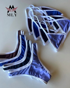 Maillots <span class=keywords><strong>de</strong></span> <span class=keywords><strong>bain</strong></span> triangle MLY pour femmes, nouveau style, couleur unie, rembourrés et froncés, avec bas string - Product Image 1