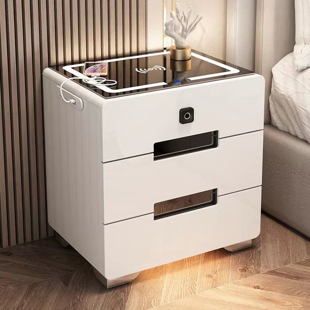 Smart Nightstand Modern Bedside Cabinet New Light Luxury High Sense Wood Storage Wireless Charger Cabinet Bed Side Tables