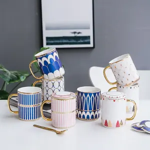 欧洲风格咖啡套装陶瓷咖啡杯和茶碟套装，用于茶水时间多样性图案复古风格金色手柄